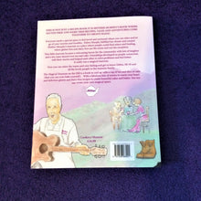 Load image into Gallery viewer, Back cover of a book with a man playing the guitar, walking books, customers at a table and the description of the book
