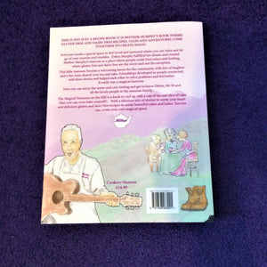 Back cover of a book with a man playing the guitar, walking books, customers at a table and the description of the book